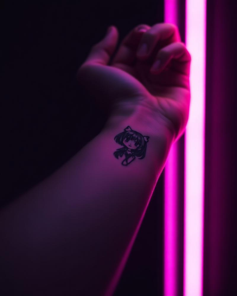 Delicate anime tattoo on forearm with neon pink lighting